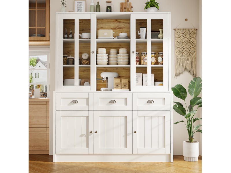 Buffet vaisselier moderne 140 x 40 x 175 cm – blanc – 5 portes, 3 tiroirs et étagères réglables pratiques - Conforama B