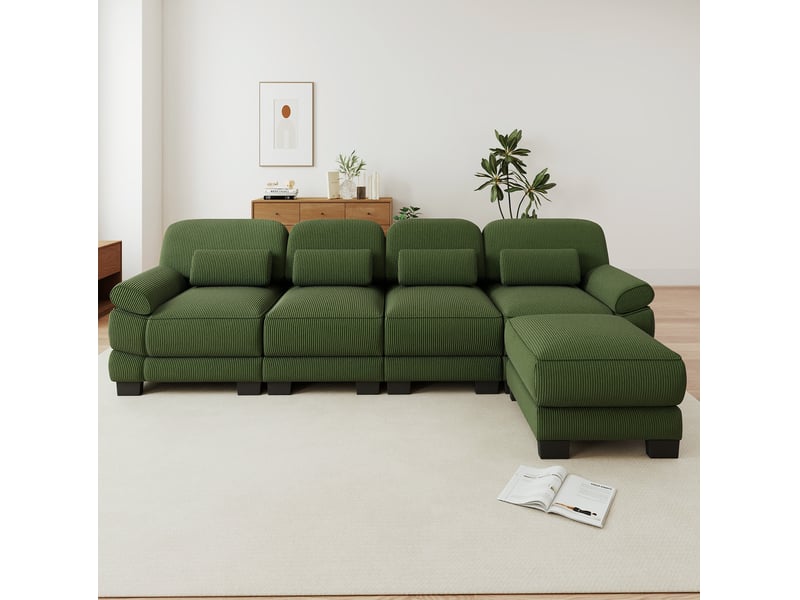 Canapé modulable tcqpz 4 places en l avec pouf 336 x 161 x 94 cm velours côtelé vert - Conforama B