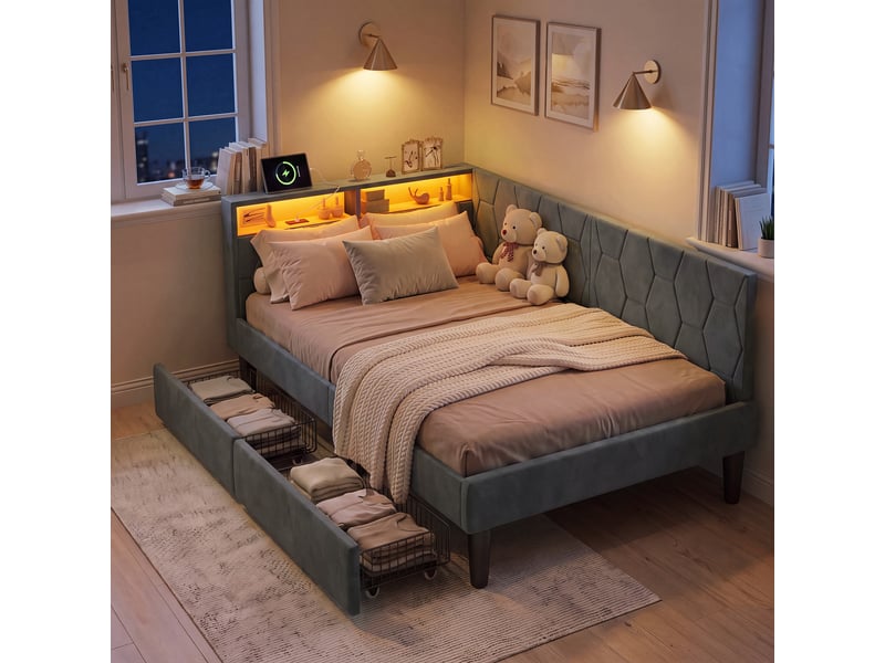 Lit banquette 90x200 cm avec led rgb et usb chargeur, canapé-lit rembourré avec rangement et tête de lit capitonnée lit ado avec tiroirs et cadre de lit à lattes gris velours, sans matelas - Conforama B