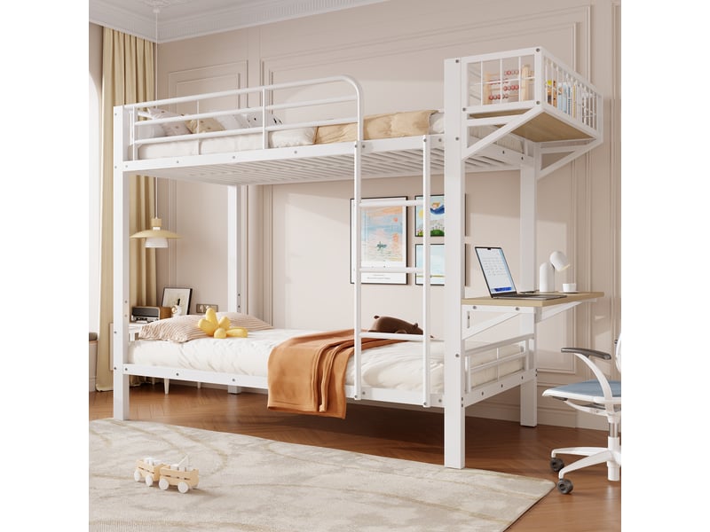 Lit superposé 90 x 200 cm, bureau, compartiment de rangement ouvert, garde-corps, échelle, structure en métal, blanc Seren Glow - Conforama D