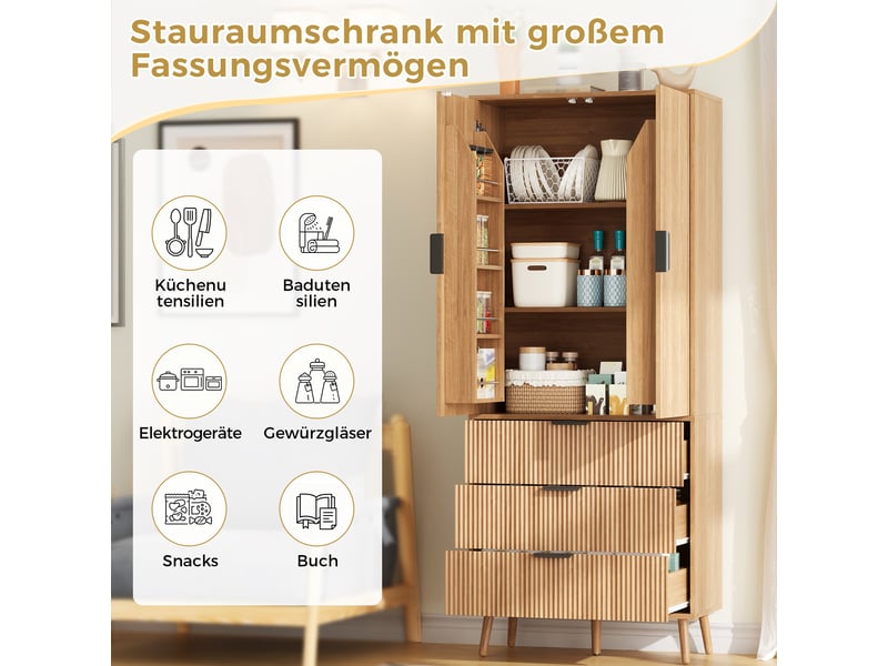  Buffet haut à 2 portes et 3 tiroirs avec étagères réglables -  rangement modulable mdf naturel 75 × 35 × 180 cm  - Conforama C