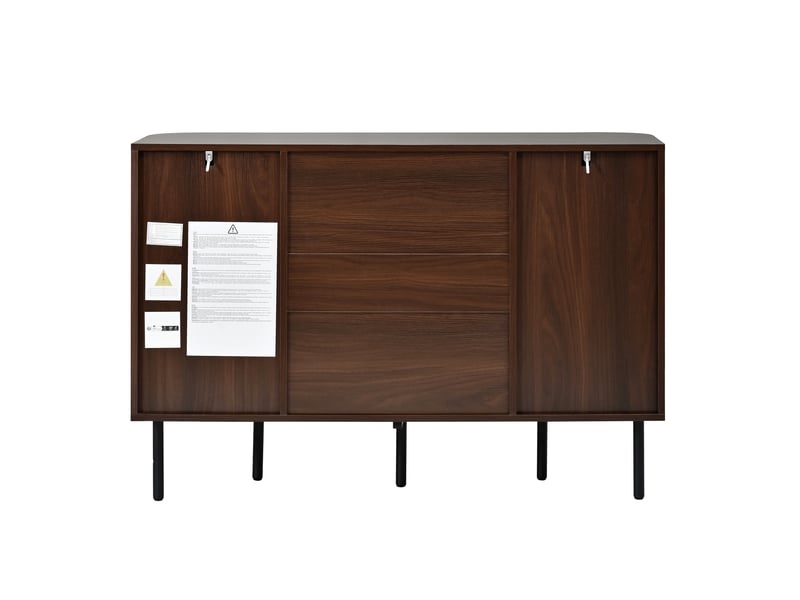  Meuble tv buffet bas rétro mdf noyer 120x40x82cm 2 portes 3 tiroirs poignées noires design arrondi  - Conforama A