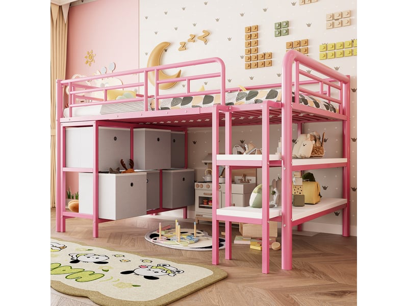  Lit mezzanine enfant 90 x 200 cm avec rangements, escalier et cadre rose  - Conforama E