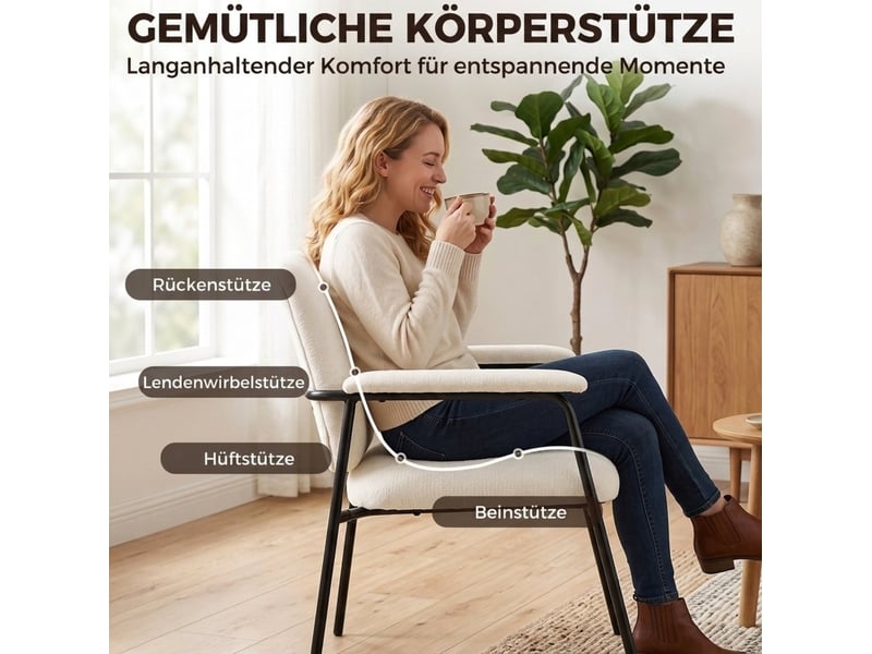 Fauteuil lot de 2 en chenille avec accoudoirs rembourrés et dossier, structure métallique, polyester crème et noir - Conforama D