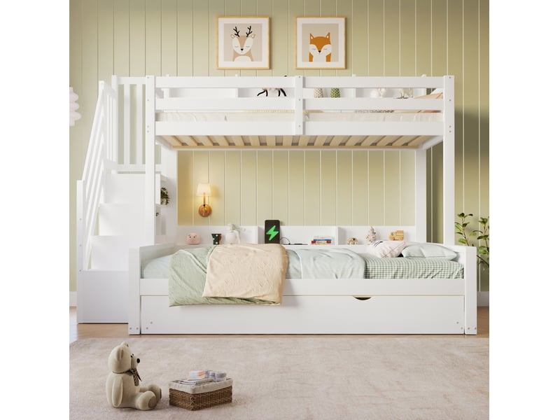  Lit superposé 90x200 et 140x200 cm avec lit gigogne usb et rangements blanc  - Conforama B