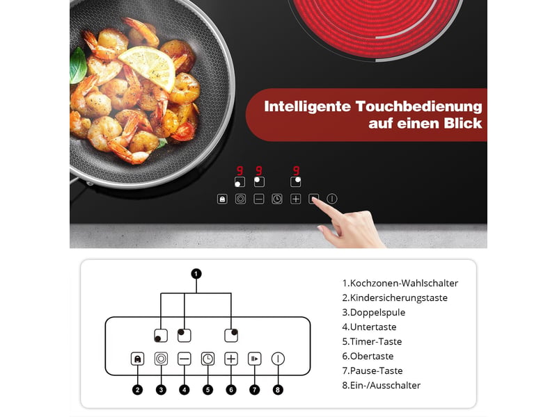  Plaque de cuisson vitrocéramique 3 foyers, 60 cm, 5200 w, commande tactile, 9 niveaux, minuteur et sécurité enfant  - Conforama R