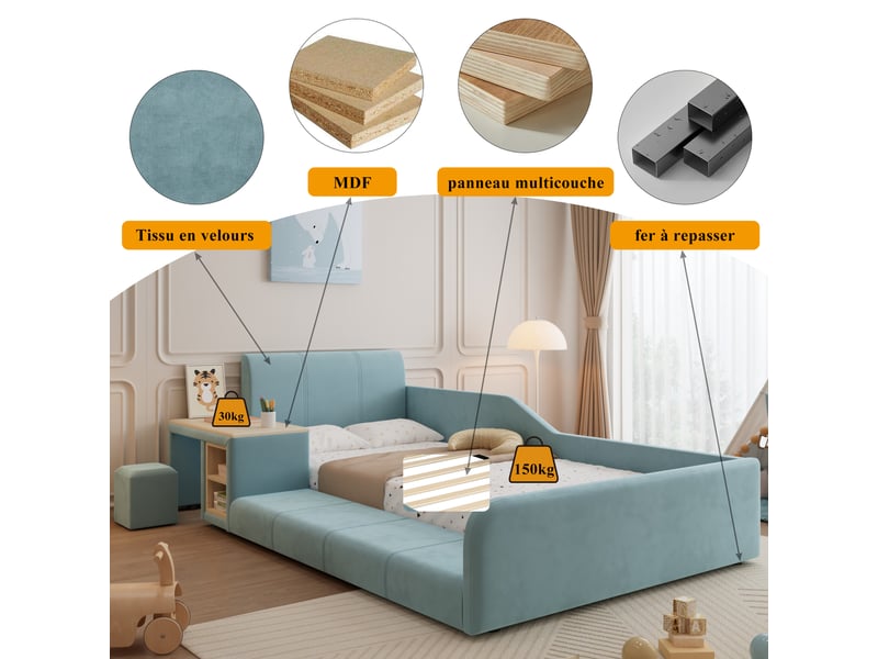  Lit rembourré- lit simple 90x200cm- lit d'enfant avec bureau d'enfant- tabouret et lattes en bois- velours- bleu  - Conforama E