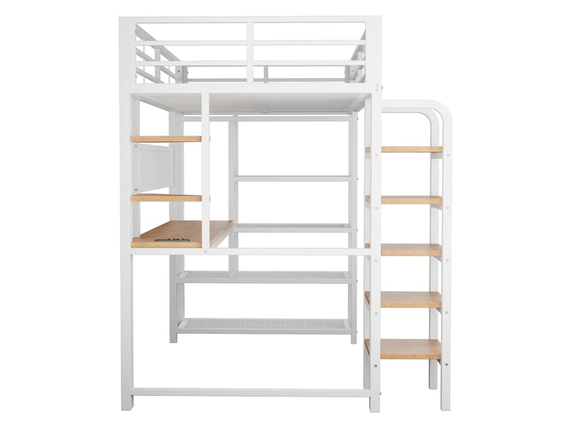 Lit mezzanine 90x200 cm, lit enfant, bureau, étagères, échelle sécurisée, led, bois et métal blanc - Conforama B