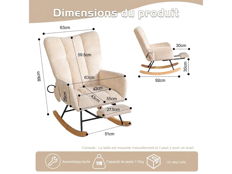  Fauteuil à bascule d'allaitement en chenille beige avec dossier haut et coussin d'air réglable  - Conforama C