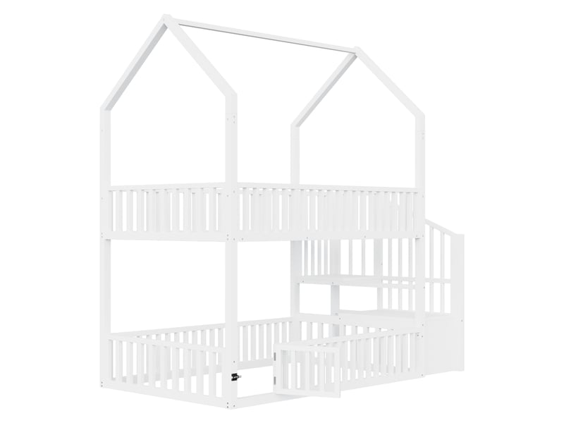  Lit superposé cabane enfant 90 x 200 cm avec escalier de rangement, garde-corps et petite porte sur le lit inférieur en métal blanc sans matelas  - Conforama D