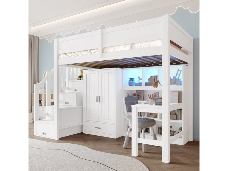 Lit mezzanine 90x200 cm blanc, avec bureau, rangements, placard, tiroir, escalier de rangement, led, sommier inclus, sans matelas - Conforama B