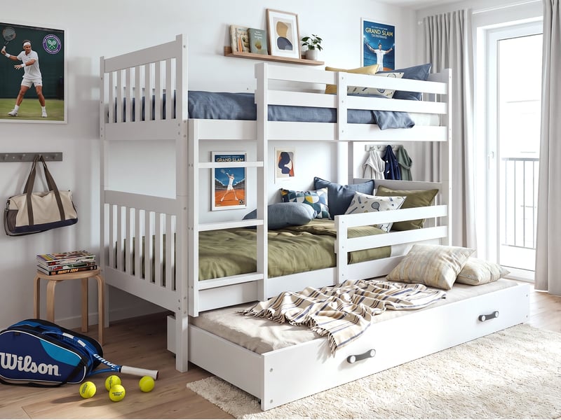 Lit superposé 3 places kacper 90x200 cm + lit tiroir 80x190 cm interbeds - bois massif de pin - blanc - Conforama D