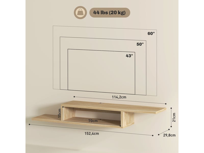  Meuble tv mural suspendu avec niche et 2 passe-fils coloris chêne clair 152 x 29 x 21 cm  - Conforama C