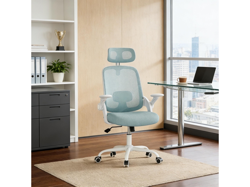 Chaise de bureau ergonomique - avec dossier inclinable, appui-tête réglable et accoudoirs 3d - en maille et métal bleu - Conforama C