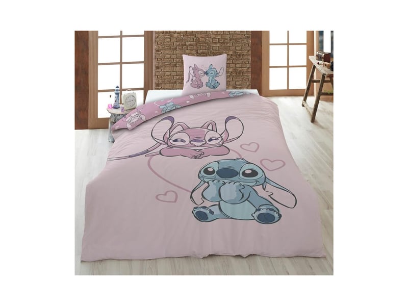  Housse de couette disney stitch &amp; angel – cœurs – réversible – 140x200 cm + 65x65 cm – rose  - Conforama B