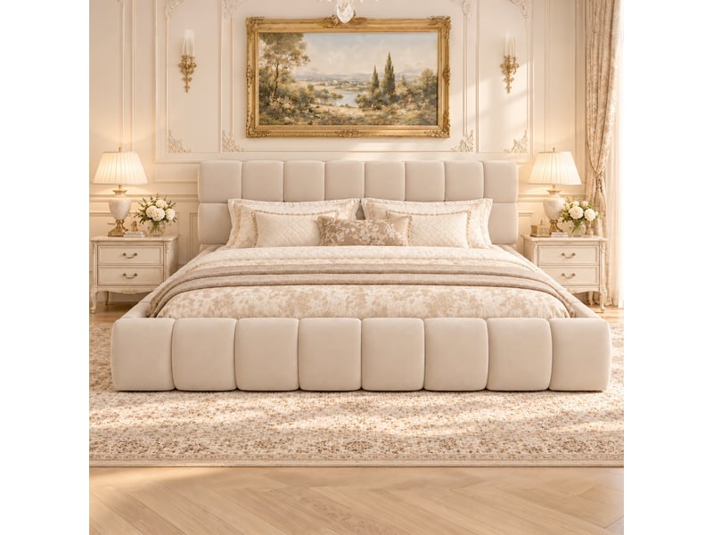  Lit rembourré double 180 x 200 cm avec tête de lit épaisse, côtés rembourrés, sommier à lattes, velours, beige Morn Vibe - Conforama D