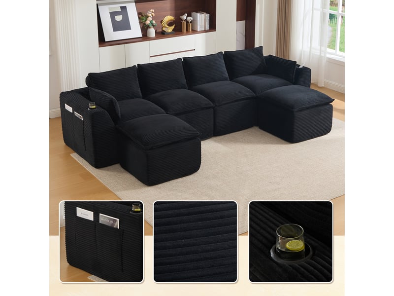 Canapé modulable 4 places en velours côtelé noir avec 2 poufs, 2 poches latérales et porte-gobelets - Conforama B