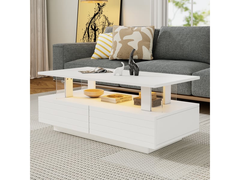  Table basse led blanche avec rangement, table de salon rectangulaire 100x50 cm, contrôle bluetooth  - Conforama C