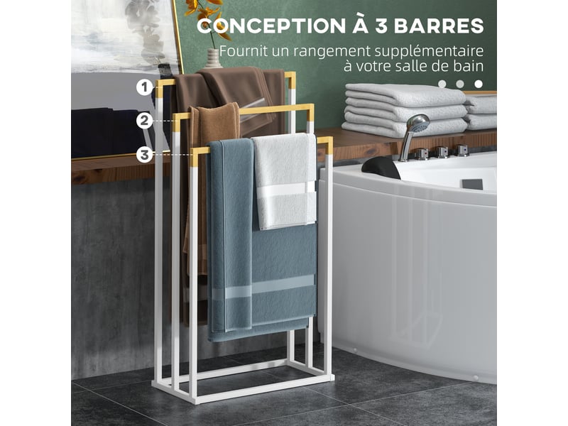  Porte-serviettes en bambou et acier sur pieds avec 3 barres support pour serviette blanc et naturel 45 x 22,5 x 86 cm  - Conforama A