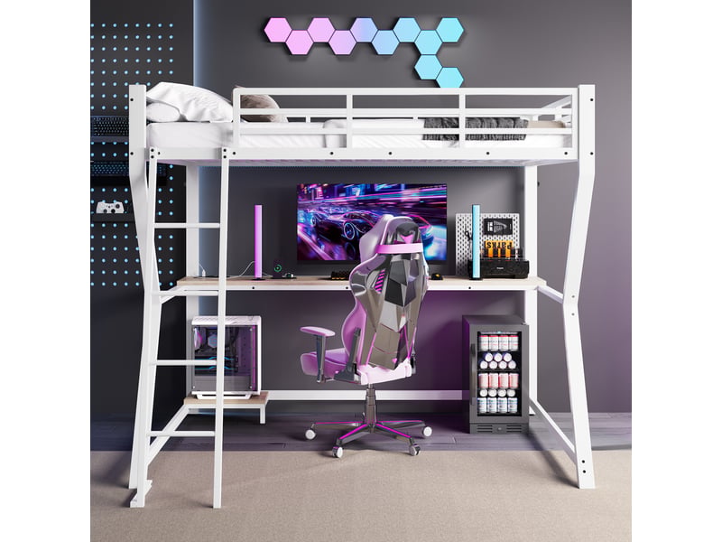  Lit mezzanine lit simple 90x200 cm en métal et mdf avec bureau, led, prise, usb et escalier, sans matelas, blanc  - Conforama B