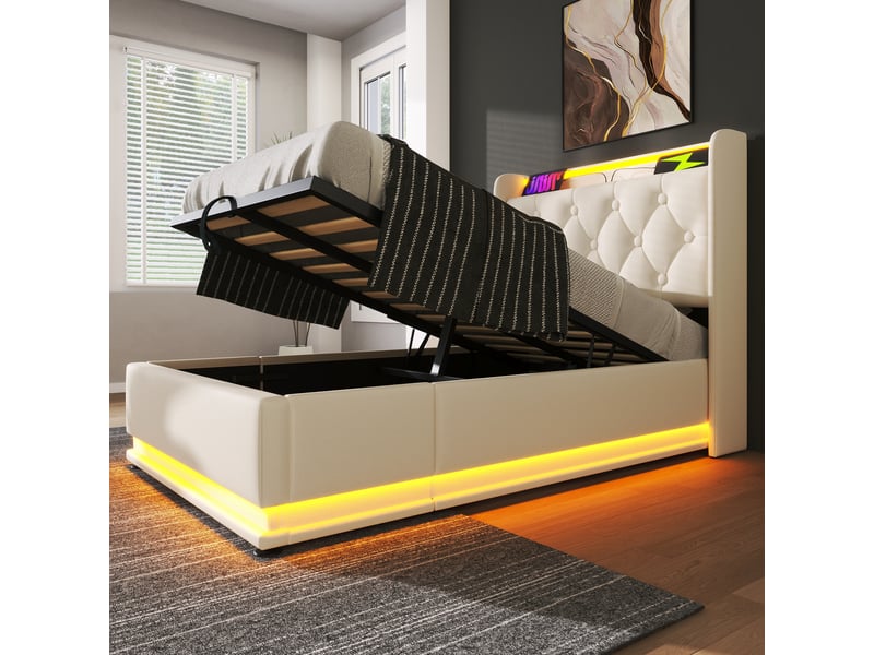  Lit simple 90x200 cm blanc simili cuir, led 360, usb-c, télécommande et coffre hydraulique - sans matelas  - Conforama E