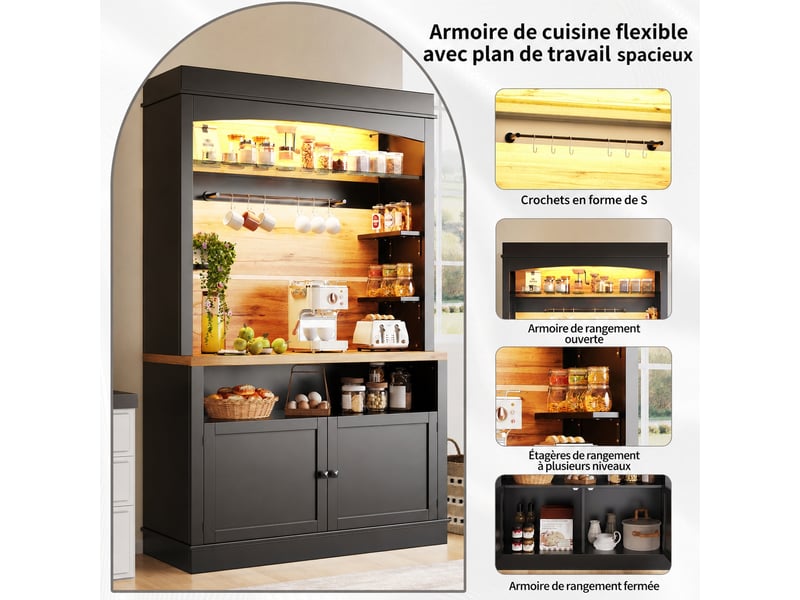 Meuble de cuisine muvano, buffet haut de cuisine noir avec led, 107 x 43 x 184 cm - Conforama D