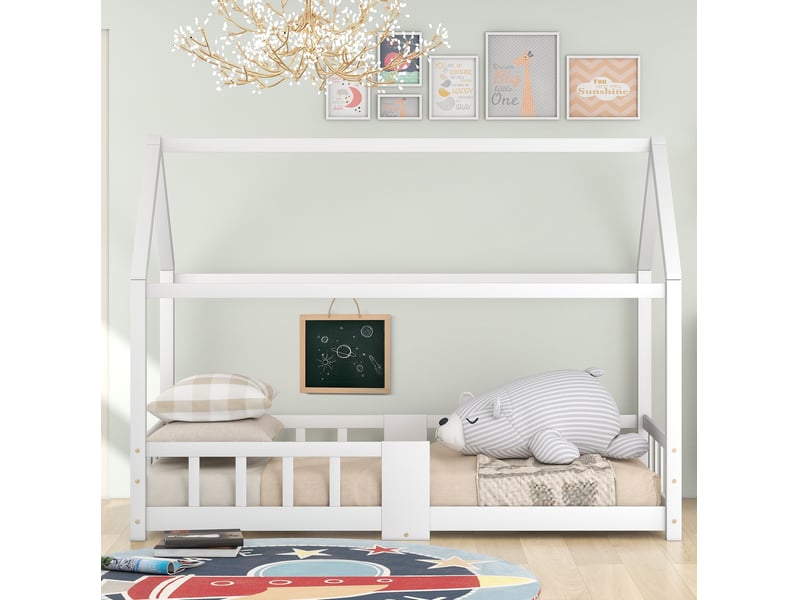  Lit cabane enfant 90 x 200 cm blanc avec sommier, barrières et tableau  - Conforama E