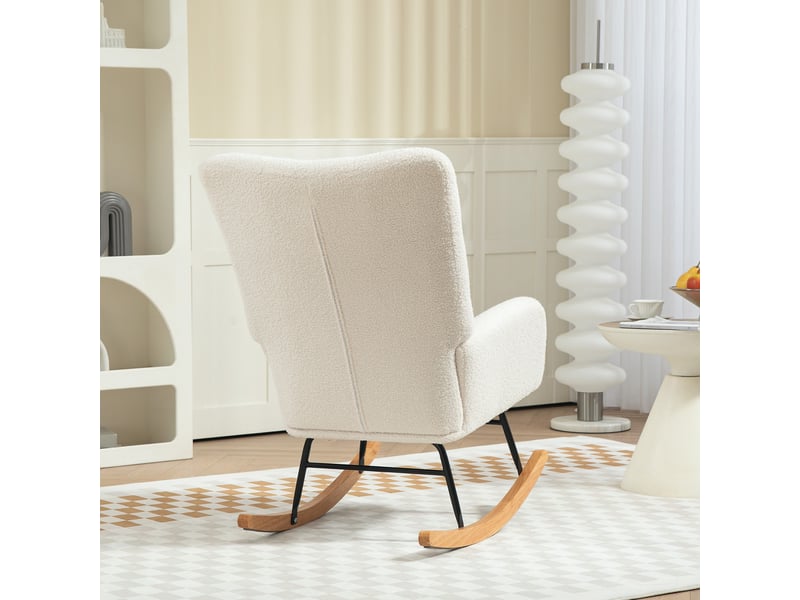  Fauteuil à bascule blanc crème, fauteuil d'allaitement confortable en tissu bouclette, pieds en bois, 70x94x100 cm  - Conforama D