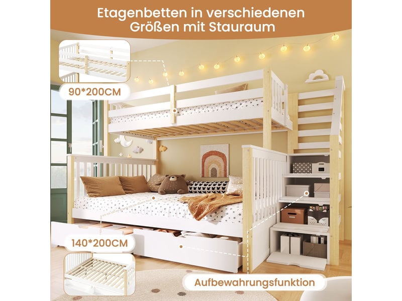 Lit superposé 90 x 200 + 140 x 200 cm + deux couchages et tiroirs rangement multifonctionnel blanc et naturel - Conforama E