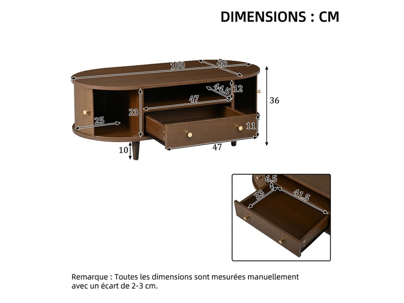  Table basse ovale noyer avec tiroir et porte coulissante 100x50 cm - design minimaliste  - Conforama C