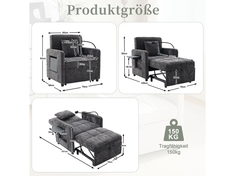  Fauteuil-lit 2-en-1 gris en chenille avec coussin, tablette et rangements  - Conforama C