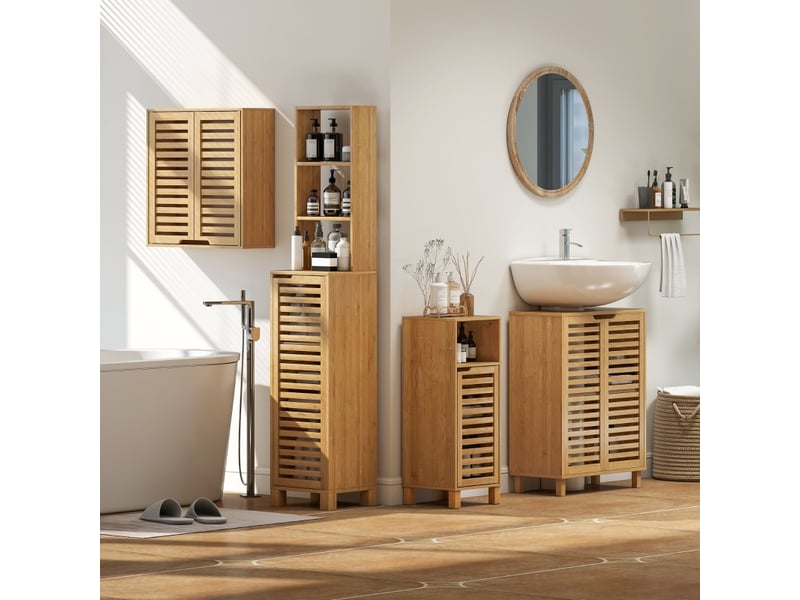 Meuble sous vasque avec portes à lamelles et étagère réglable pour salle de bain en bambou 60×30×80 cm naturel - Conforama C