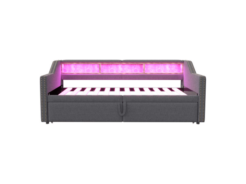  Canapé-lit extensible 90–180x200 cm gris foncé – coffre, led, usb et sommier à lattes  - Conforama E