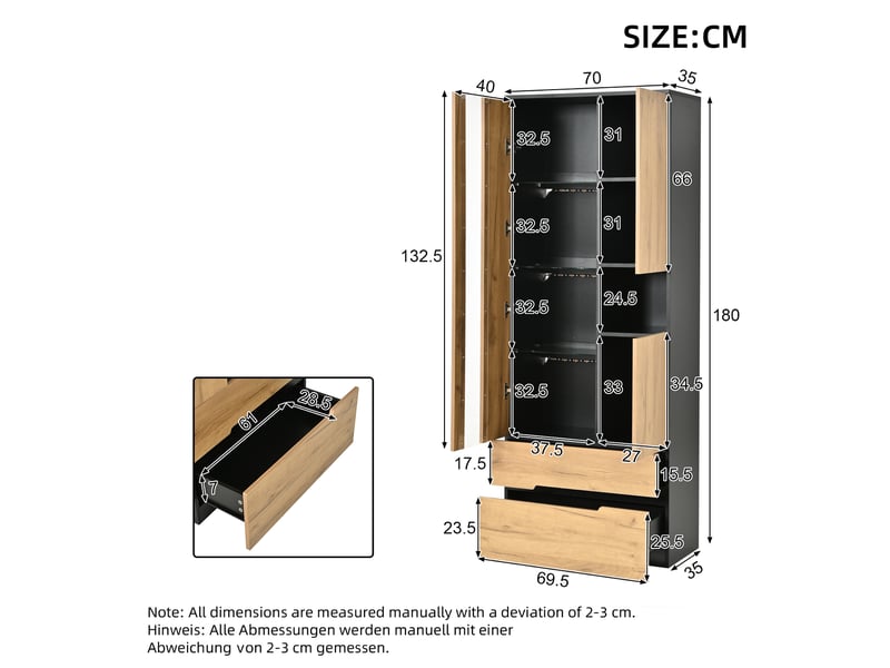Vitrine 70x35x180 cm, meuble vitrine avec éclairage led, 3 portes et 2 tiroirs, design bois et noir, armoire de rangement moderne pour salon - Conforama D