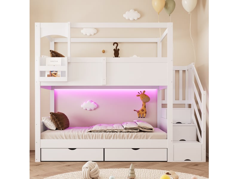  Lit superposé enfant 90x200 cm avec rangements bois et mdf blanc sans matelas  - Conforama D