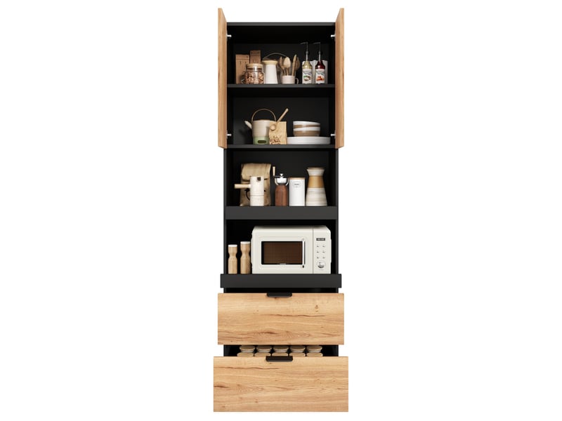  Buffet de cuisine - 59.5x45x200 cm - meuble de rangement haute avec portes, tiroirs, tablettes et anti-basculement - bois et noir  - Conforama A