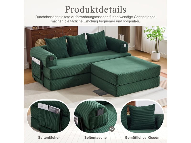  Canapé d'angle convertible modulable en velours côtelé vert émeraude avec pouf et 3 coussins  - Conforama D