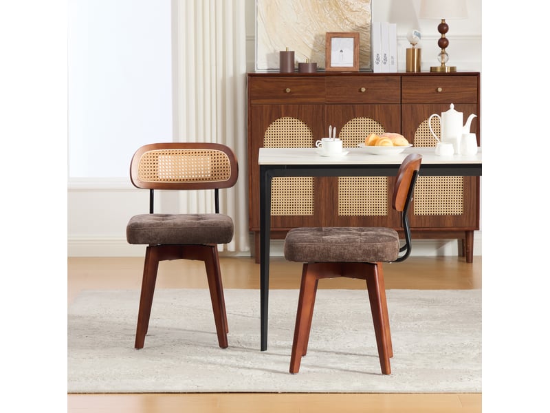  Chaises de salle à manger tcqpz lot de 2 pivotantes 360° dossier en rotin tressé assise chenille marron café  - Conforama D