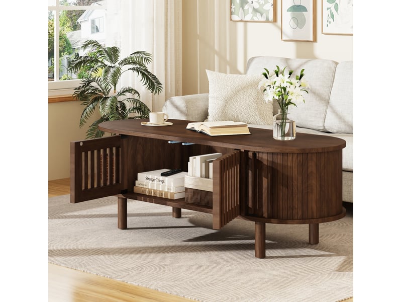  Table basse ovale 100x40x38 cm avec rangement, coloris noyer  - Conforama E