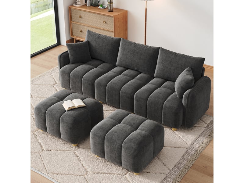  Canapé d angle modulable 5 places 219 x 136 x 84 cm convertible en l ou u avec 2 poufs coussins accoudoirs larges tissu chenille pour salon gris BUYDEEMEUS - Conforama D