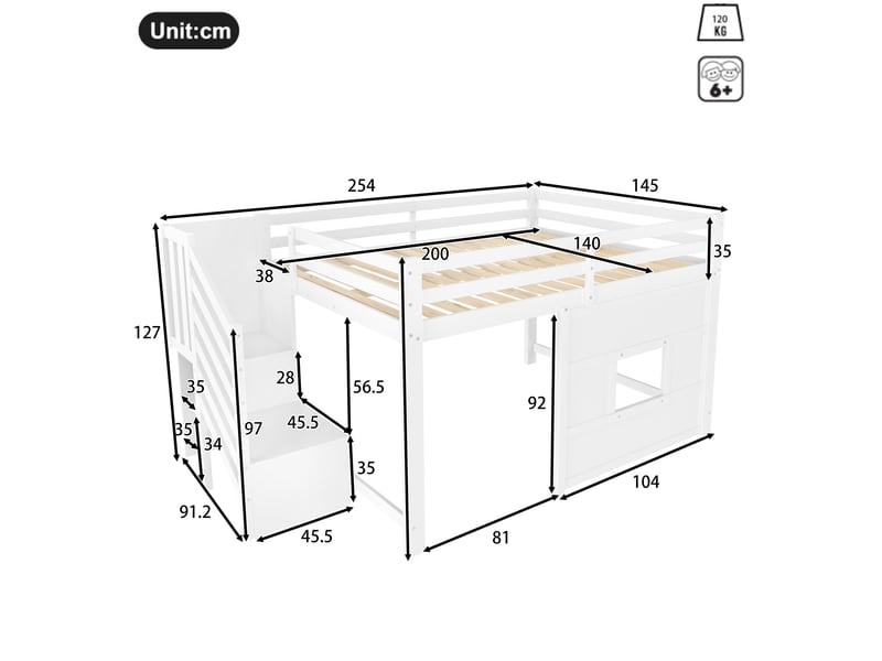  Lit mezzanine 140x200 cm blanc, avec escalier de rangement 2 compartiments, fenêtre, led, garde-corps, sommier inclus, sans matelas  - Conforama C
