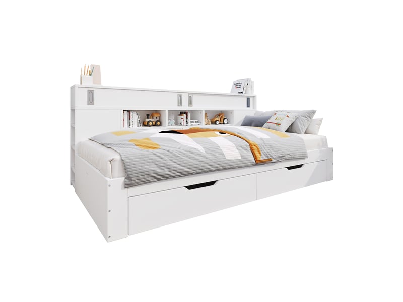  Lit jeune, 140x190 cm, espace nuit, 2 tiroirs pratiques, placard coulissant, étagères réglables, mdf, coloris blanc  - Conforama A