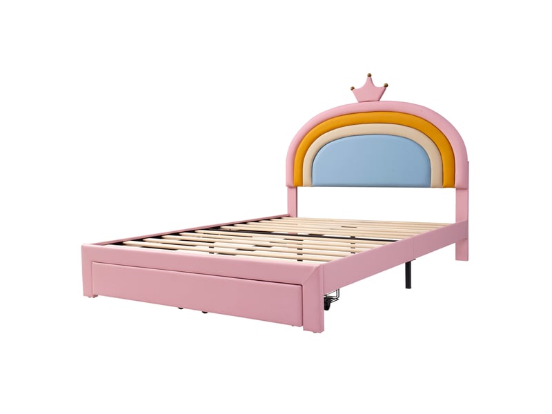 Lit enfant rembourré 140x200 cm avec tiroir et tête de lit réglable, rose, sans matelas - Conforama R