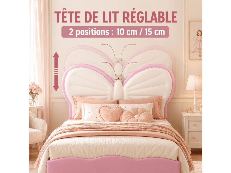  Lit enfant pour une fille 90x200 - sommier à lattes + liseuse + dossier rembourré - tête de lit réglable - 1 personne - lit fille 90x200cm avec led - lit enfant rembourré avec sommier à lattes - tête de lit réglable en papillon …  - Conforama D