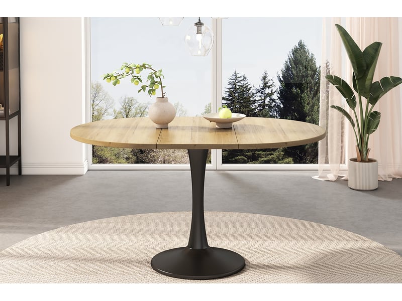  Table de salle à manger extensible ovale avec rallonge centrale, en panneau de fibres et fer, finition chêne  - Conforama E