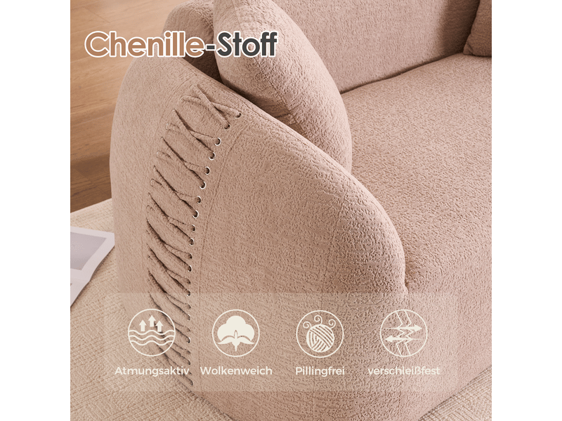  Canapé compressé 2 places 155x90x67 cm sans montage, sans structure, accoudoirs avec lacets, 2 coussins, mousse, tissu chenille crème abricot  - Conforama E