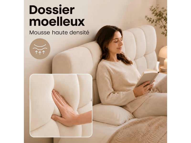 Kefsr lit double capitonné 140x190 cm en lin beige - cadre de lit adulte avec sommier à lattes, tête de lit rembourrée et bords épais, design matelas encastré - Conforama D