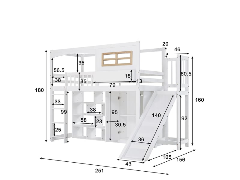 Lit mezzanine enfant 90x200 cm, avec toboggan et armoire penderie gain de place étagères de rangement, en bois de pin massif et mdf, blanc - Conforama E