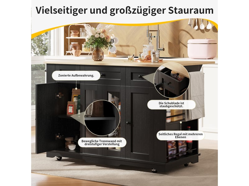  Îlot de cuisine mobile noir et bois naturel 151,5 × 60–85 × 91,7cm, éléments vitrés, étagères réglables, plateau rabattable  - Conforama D