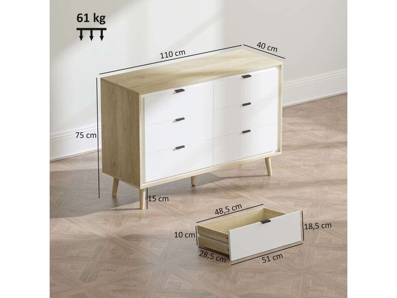  Commode 6 tiroirs, meuble de rangement à haute brillance, 5 pieds en bois, 110 x 40 x 75 cm, blanc et chêne  - Conforama C